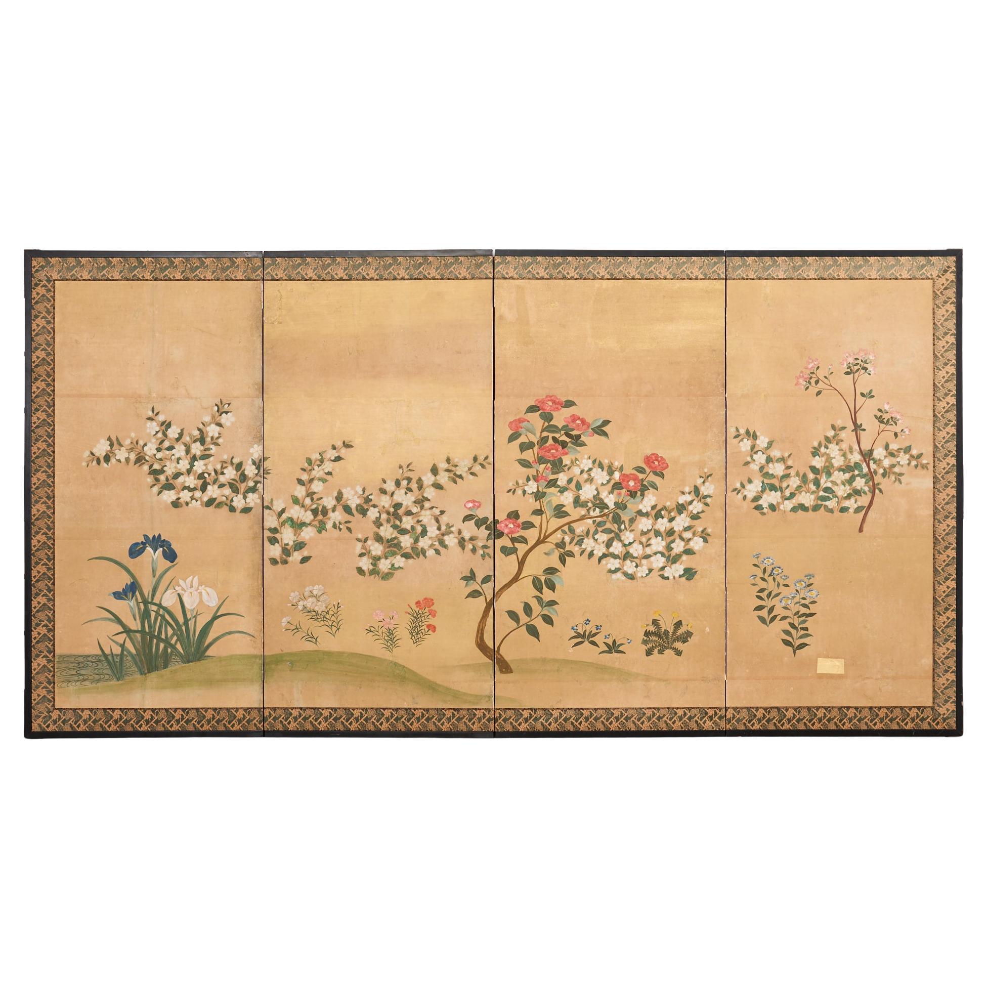 Biombo japonés Showa de cuatro paneles Flores de primavera sobre dorado