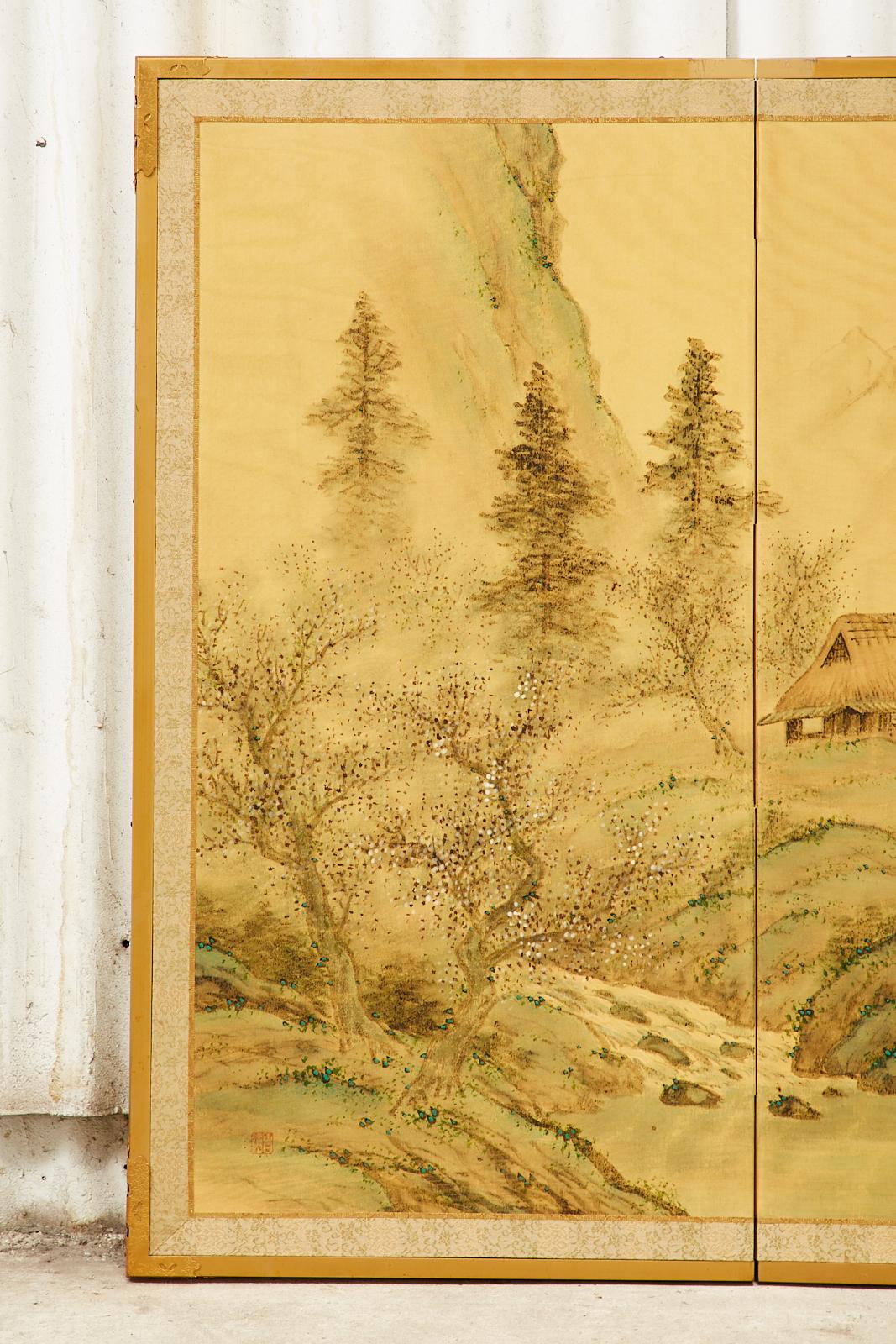 Japanese Showa Four Panel Screen Spring Landscape on Silk In Good Condition In Rio Vista, CA