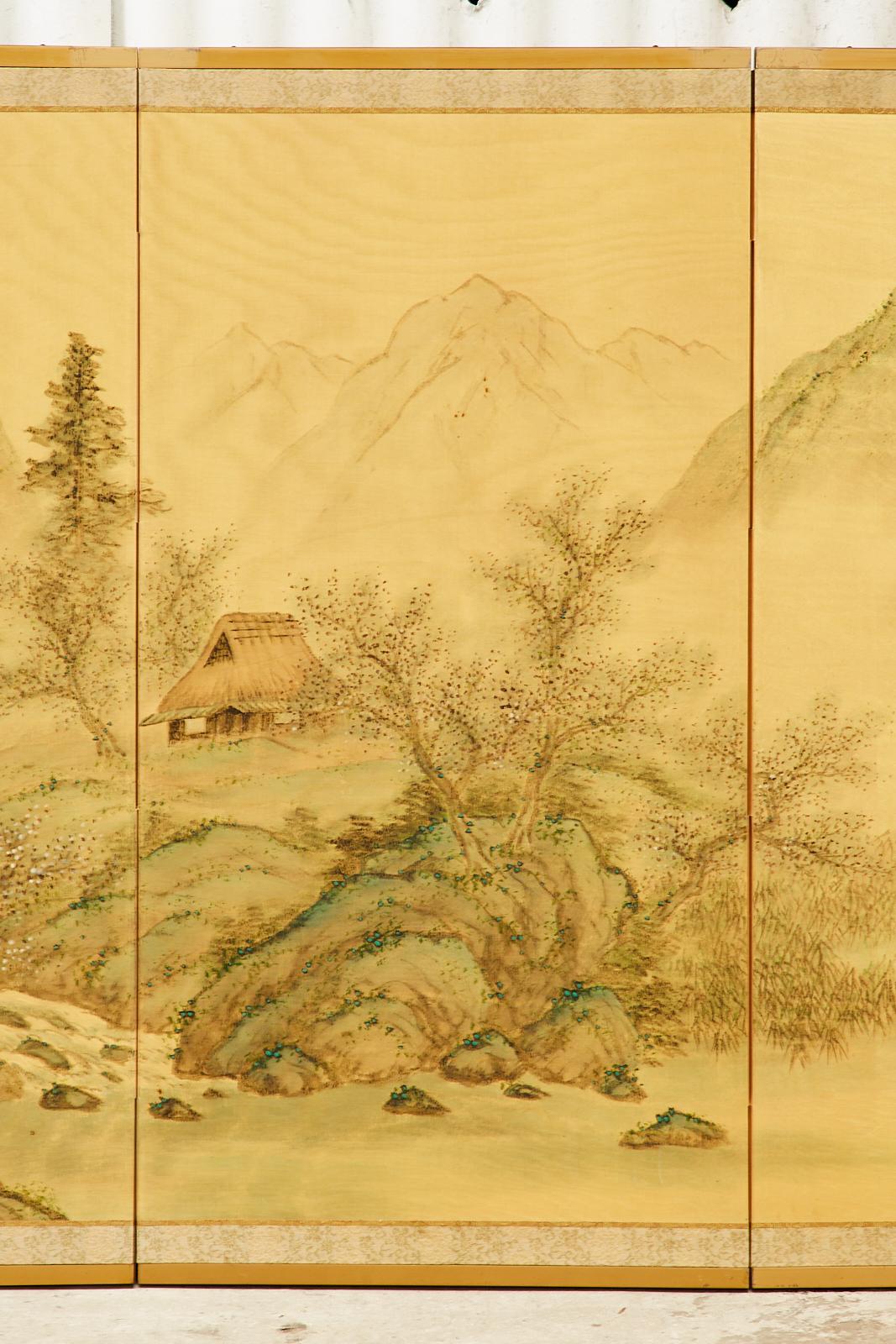 20th Century Japanese Showa Four Panel Screen Spring Landscape on Silk