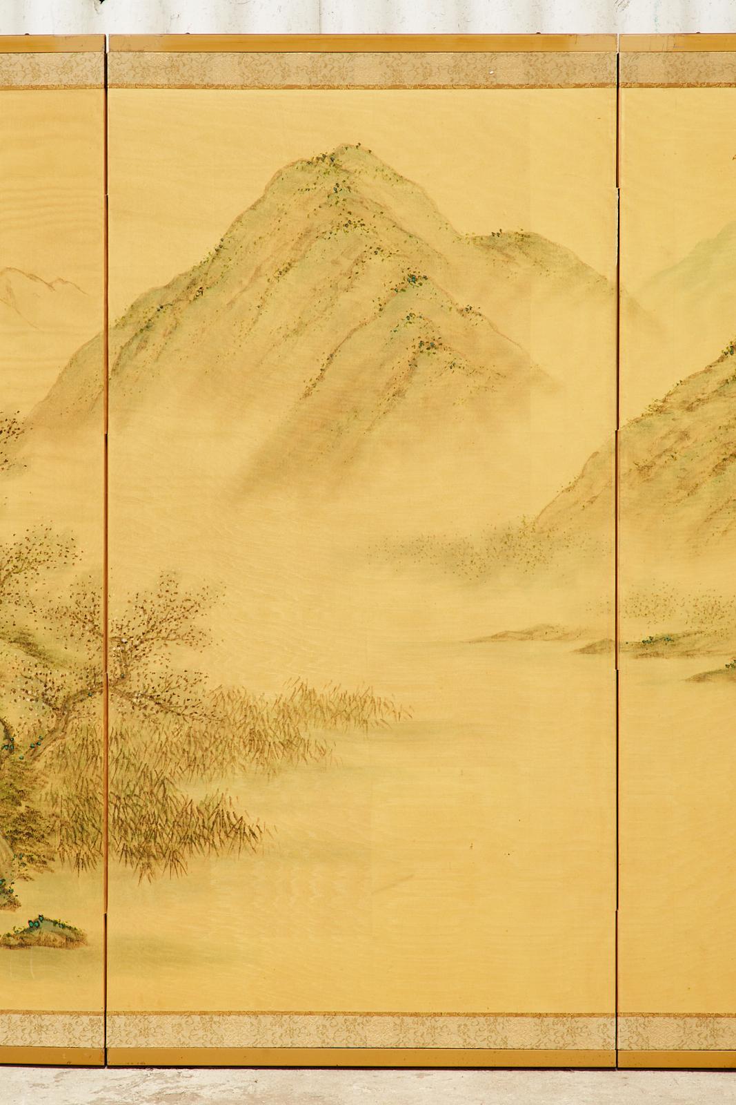 Japanese Showa Four Panel Screen Spring Landscape on Silk 1