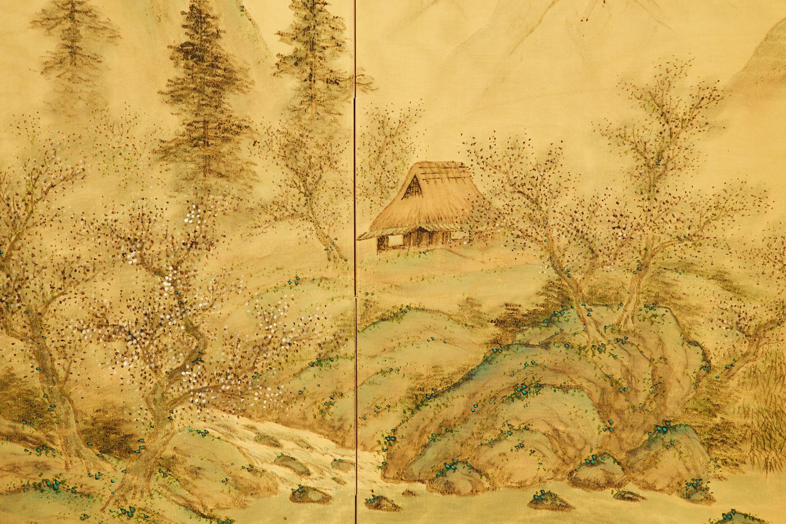 Japanese Showa Four Panel Screen Spring Landscape on Silk 3