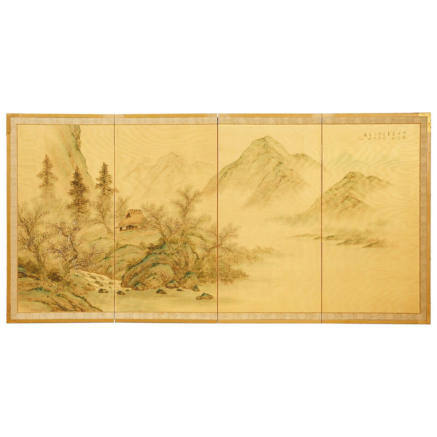 Japanese Showa Four Panel Screen Spring Landscape on Silk