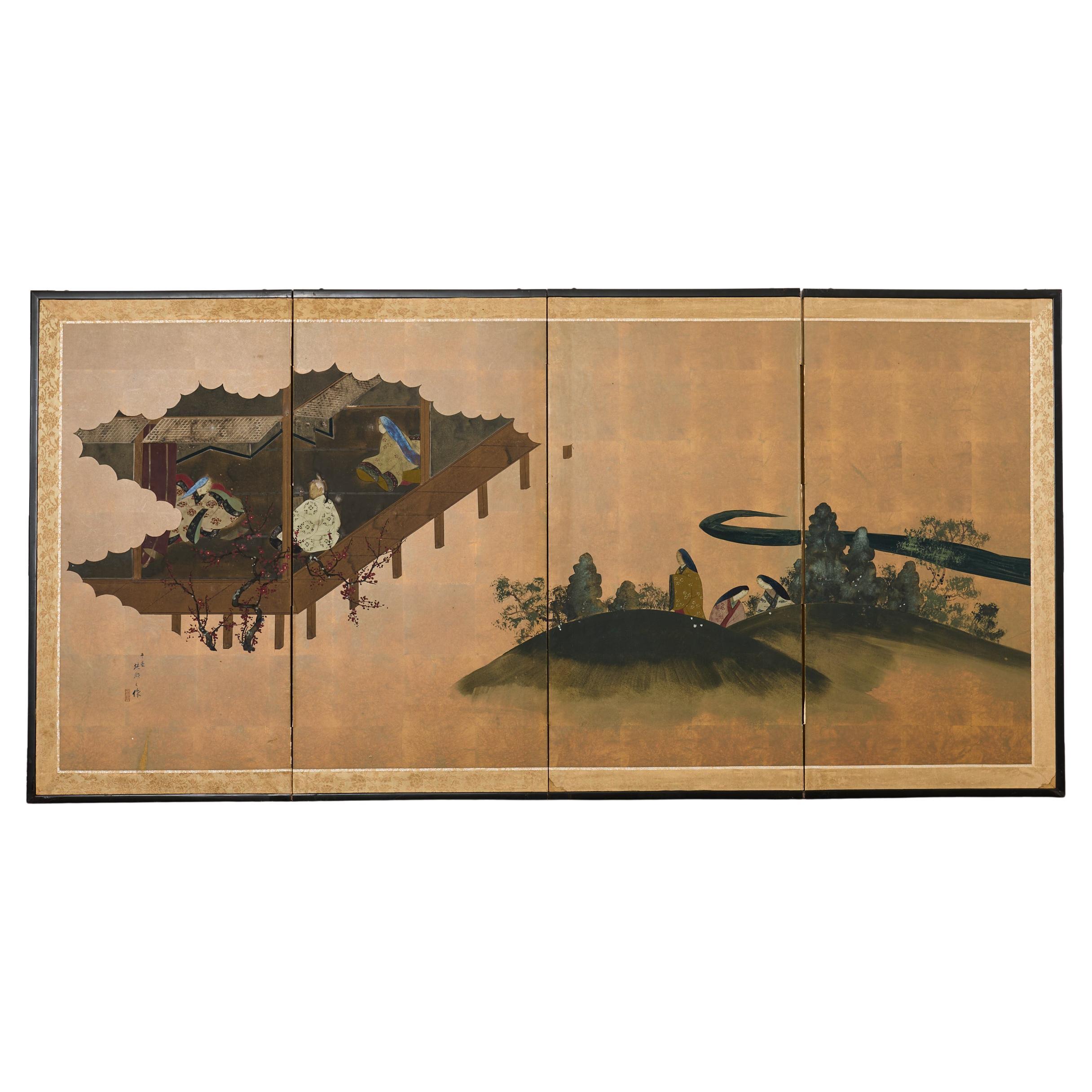 Japanese Showa Four Panel Screen Tale of Genji