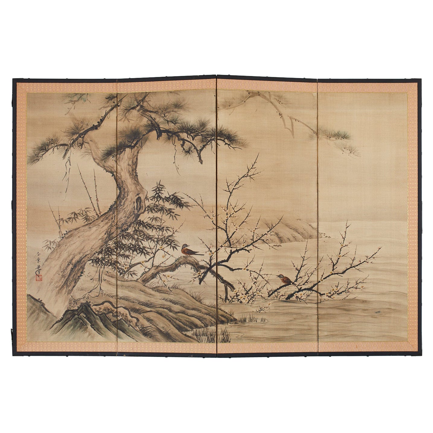 Japanese Showa Four Panel Screen Three Friends of Winter