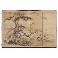 Japanese Showa Four Panel Screen Three Friends of Winter