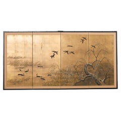 Japanese Showa Four-Panel Screen Wild Geese Autumn Landscape