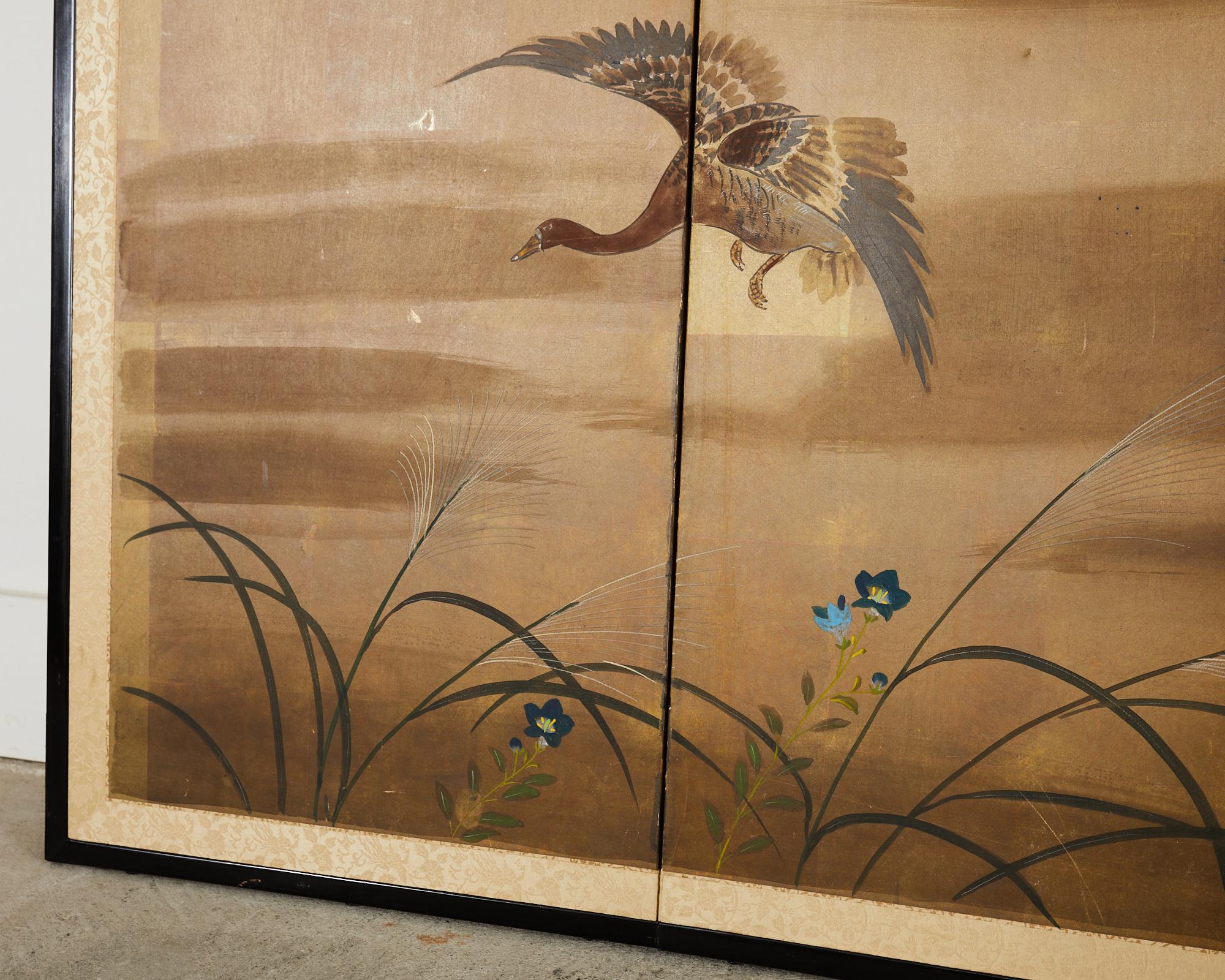 Japanese Showa Four Panel Screen Wild Geese in Flight For Sale 5