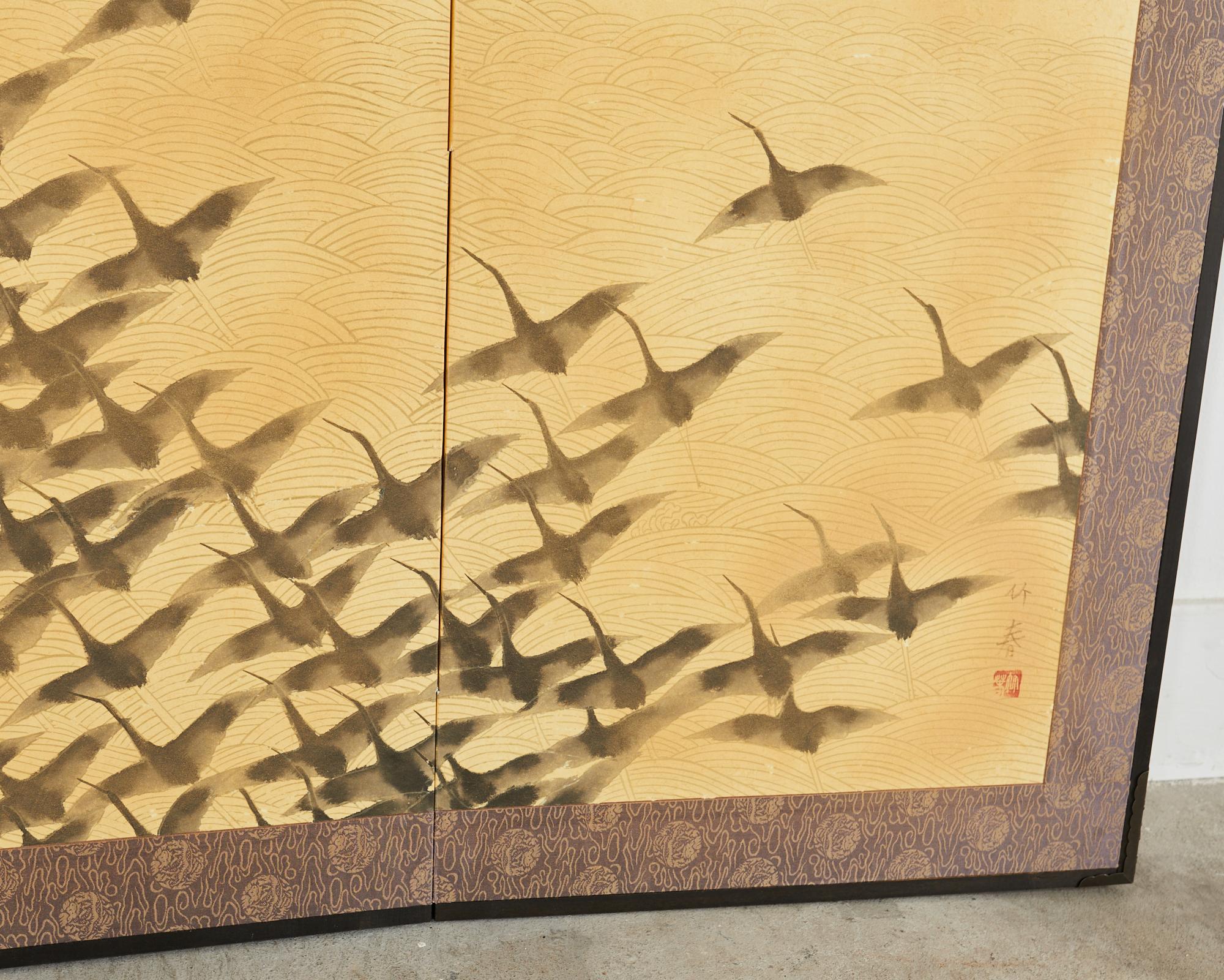 Japanese Showa Four Panel Screen Wild Geese in Flight 5