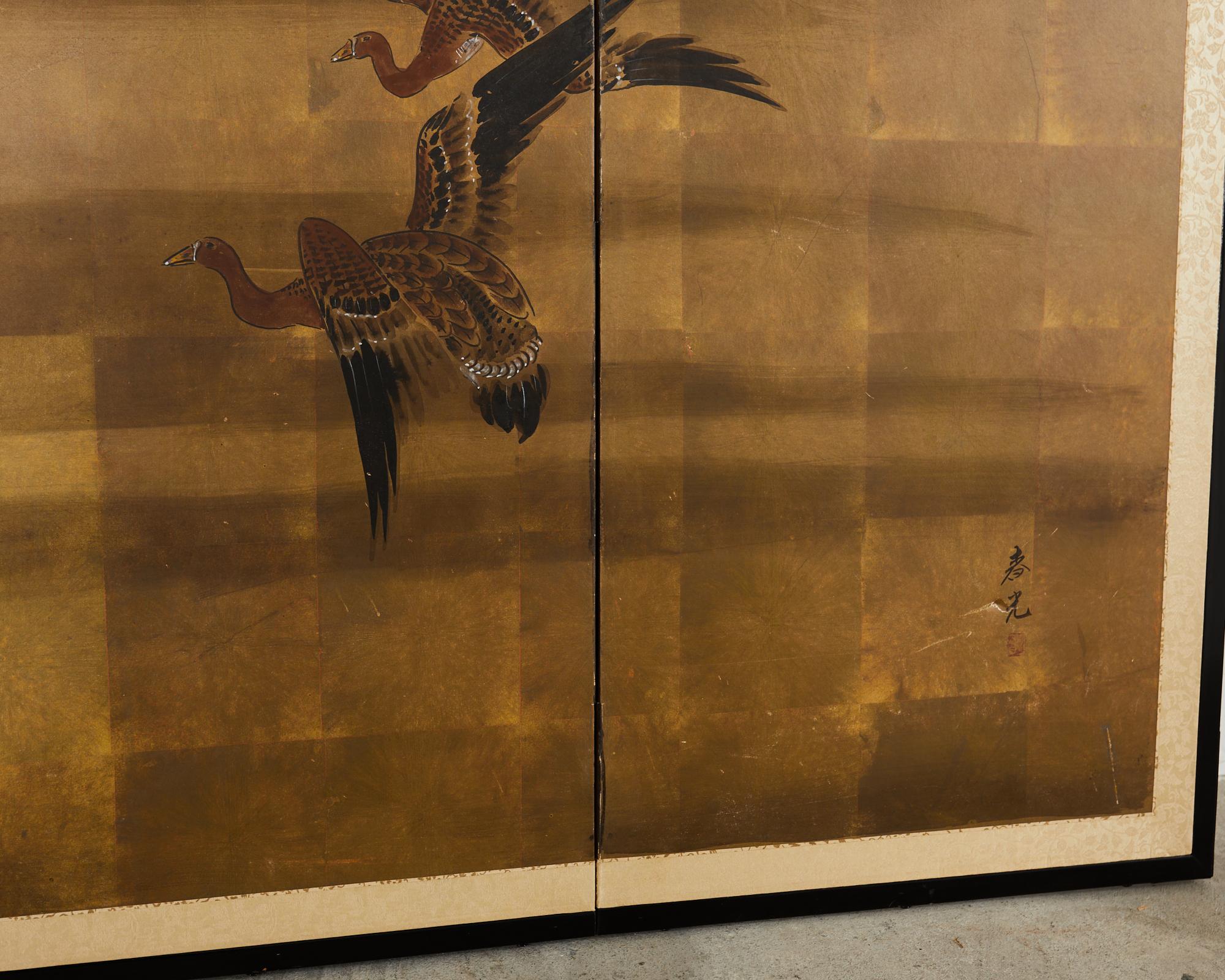 Japanese Showa Four Panel Screen Wild Geese in Flight For Sale 6