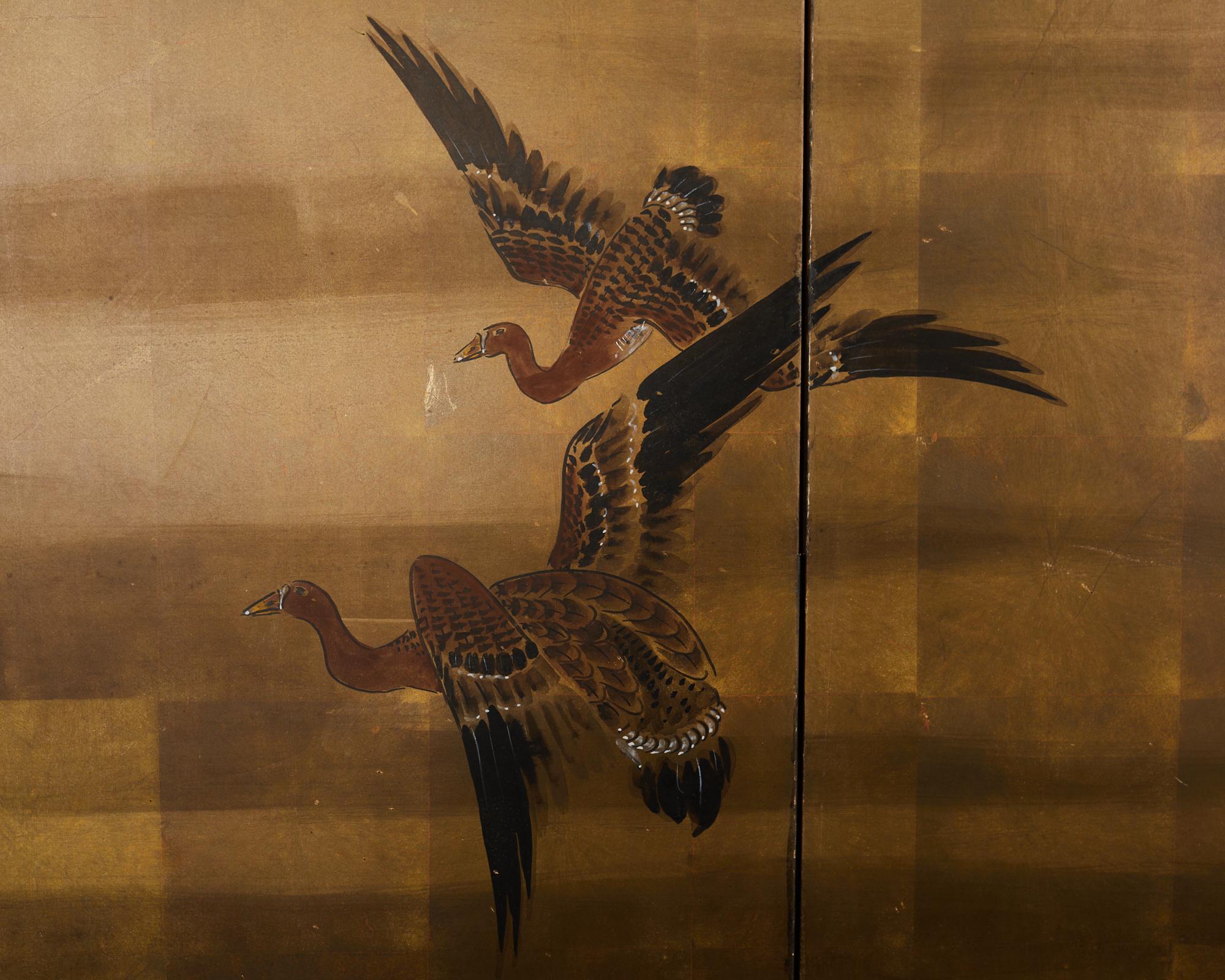 Japanese Showa Four Panel Screen Wild Geese in Flight For Sale 7
