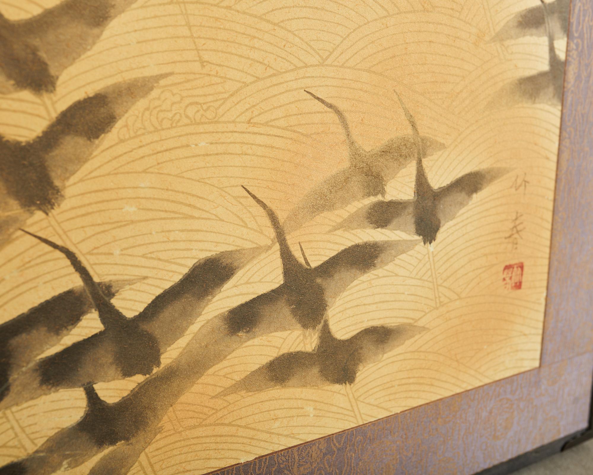 Japanese Showa Four Panel Screen Wild Geese in Flight For Sale 8