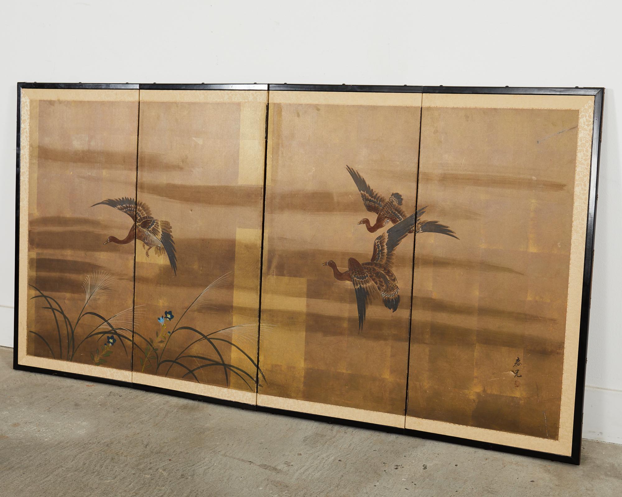 Japanese Showa Four Panel Screen Wild Geese in Flight For Sale 9
