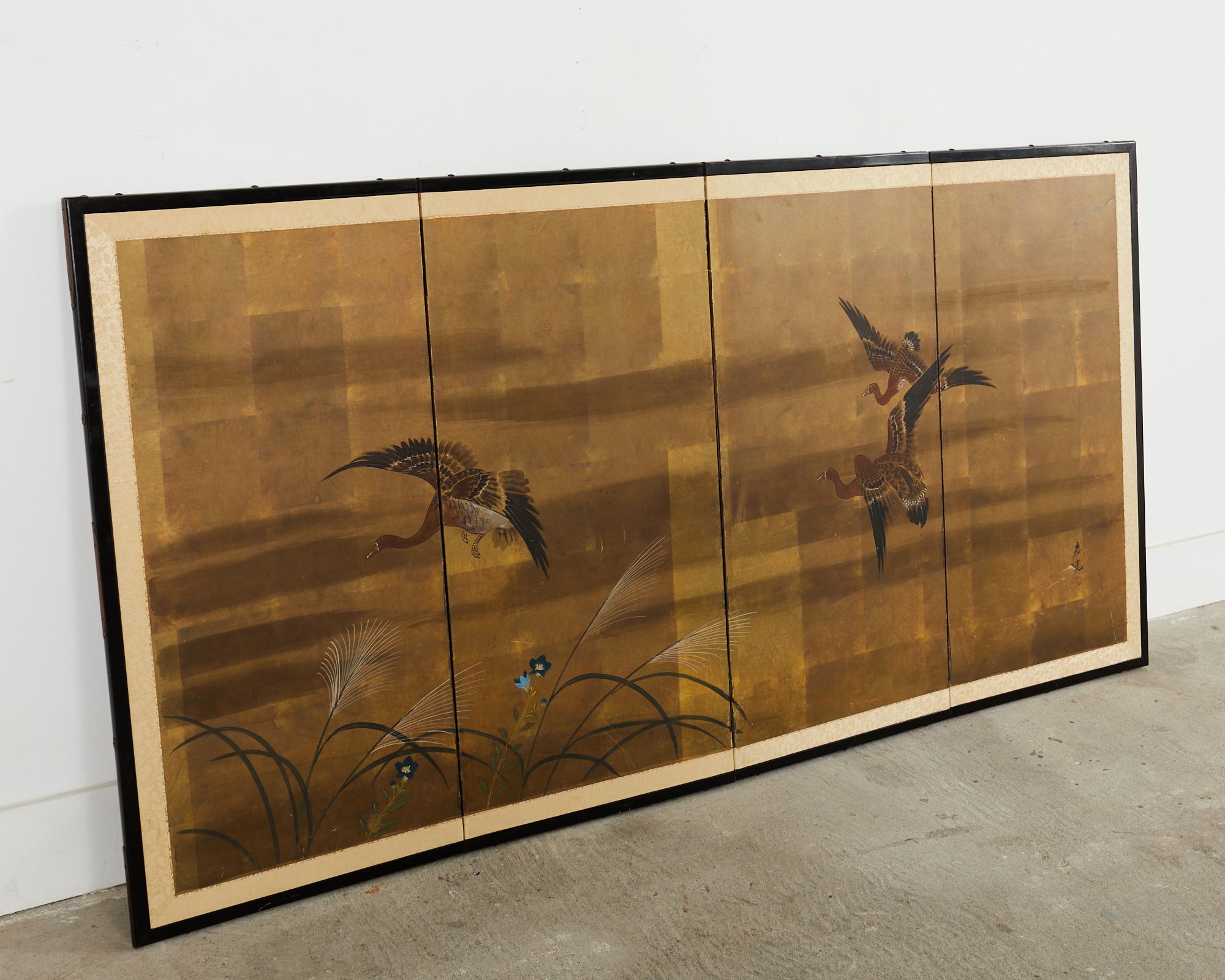 Japanese Showa Four Panel Screen Wild Geese in Flight For Sale 11