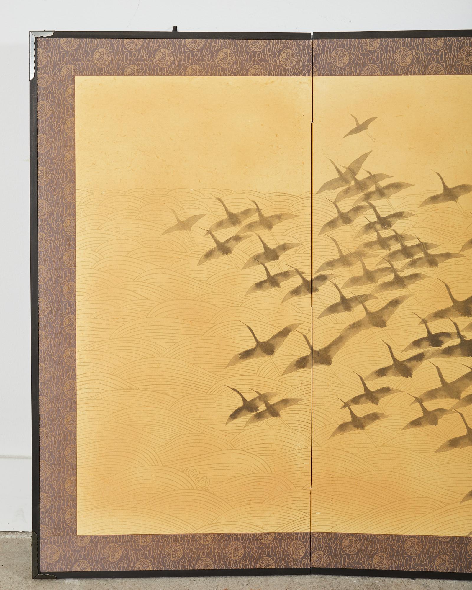 Modern Japanese Showa Four Panel Screen Wild Geese in Flight For Sale