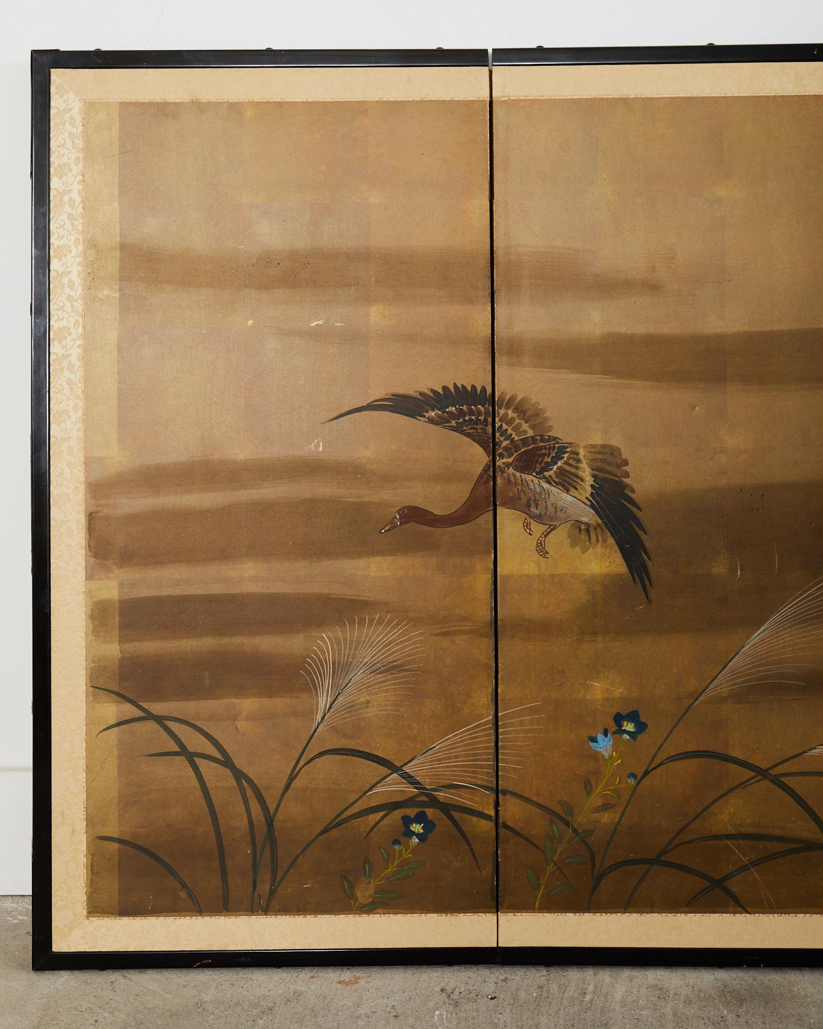 Hand-Crafted Japanese Showa Four Panel Screen Wild Geese in Flight For Sale