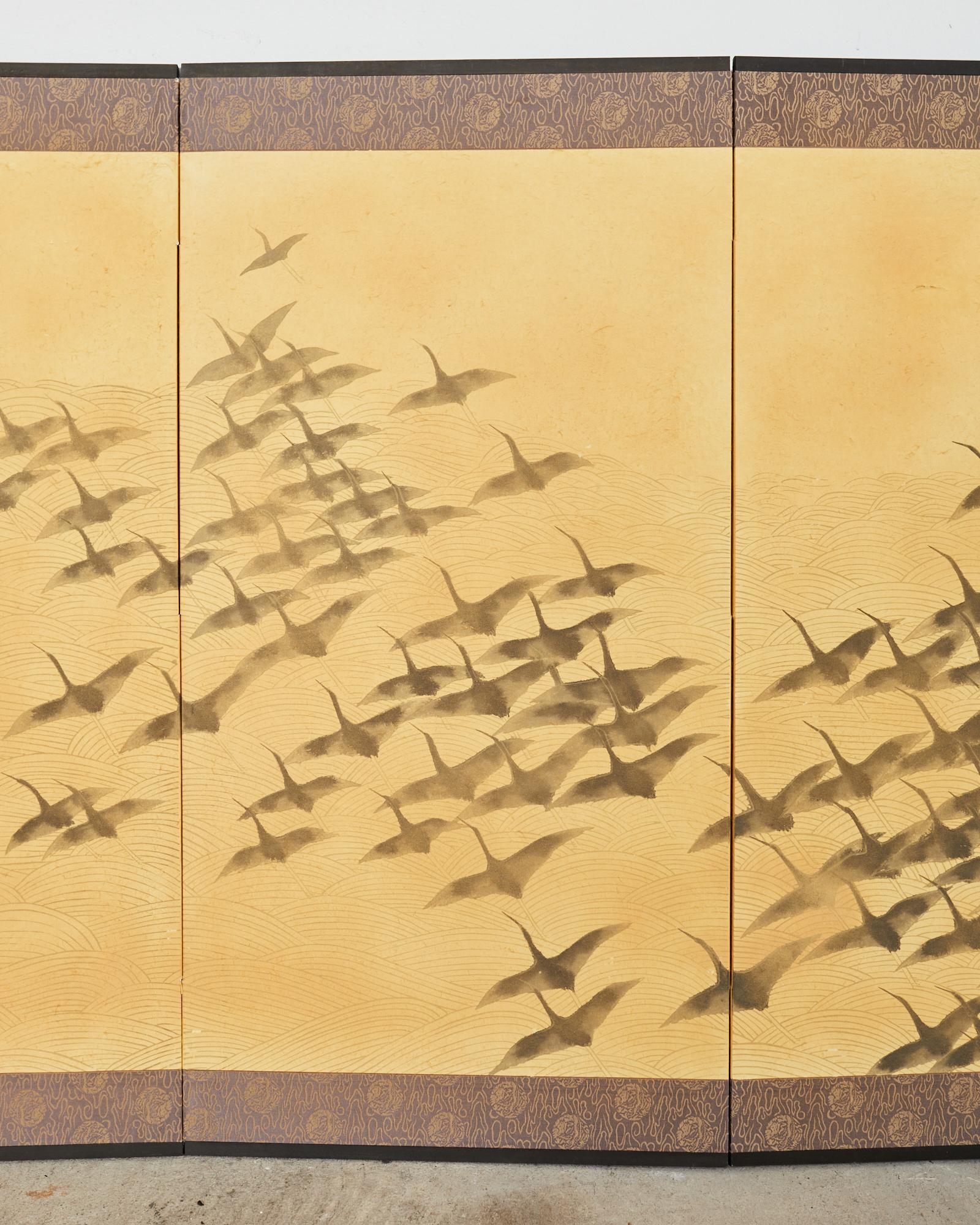 Hand-Crafted Japanese Showa Four Panel Screen Wild Geese in Flight For Sale