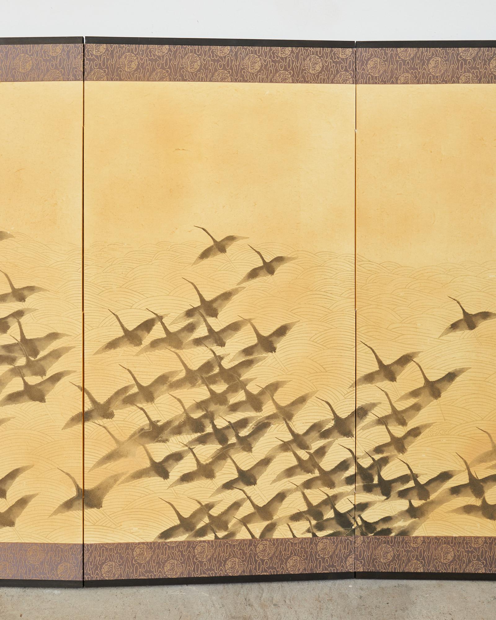 Japanese Showa Four Panel Screen Wild Geese in Flight In Good Condition For Sale In Rio Vista, CA