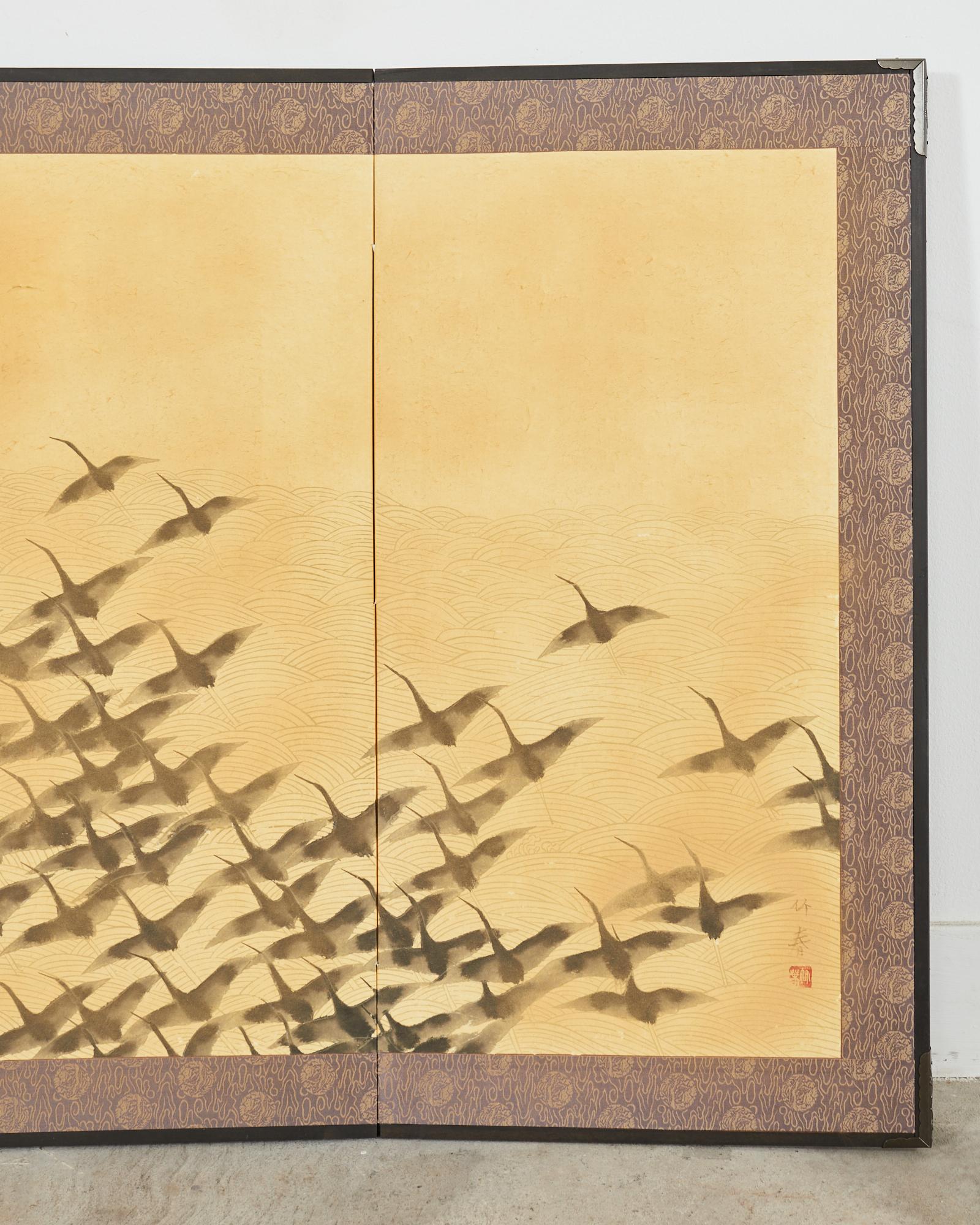 20th Century Japanese Showa Four Panel Screen Wild Geese in Flight For Sale
