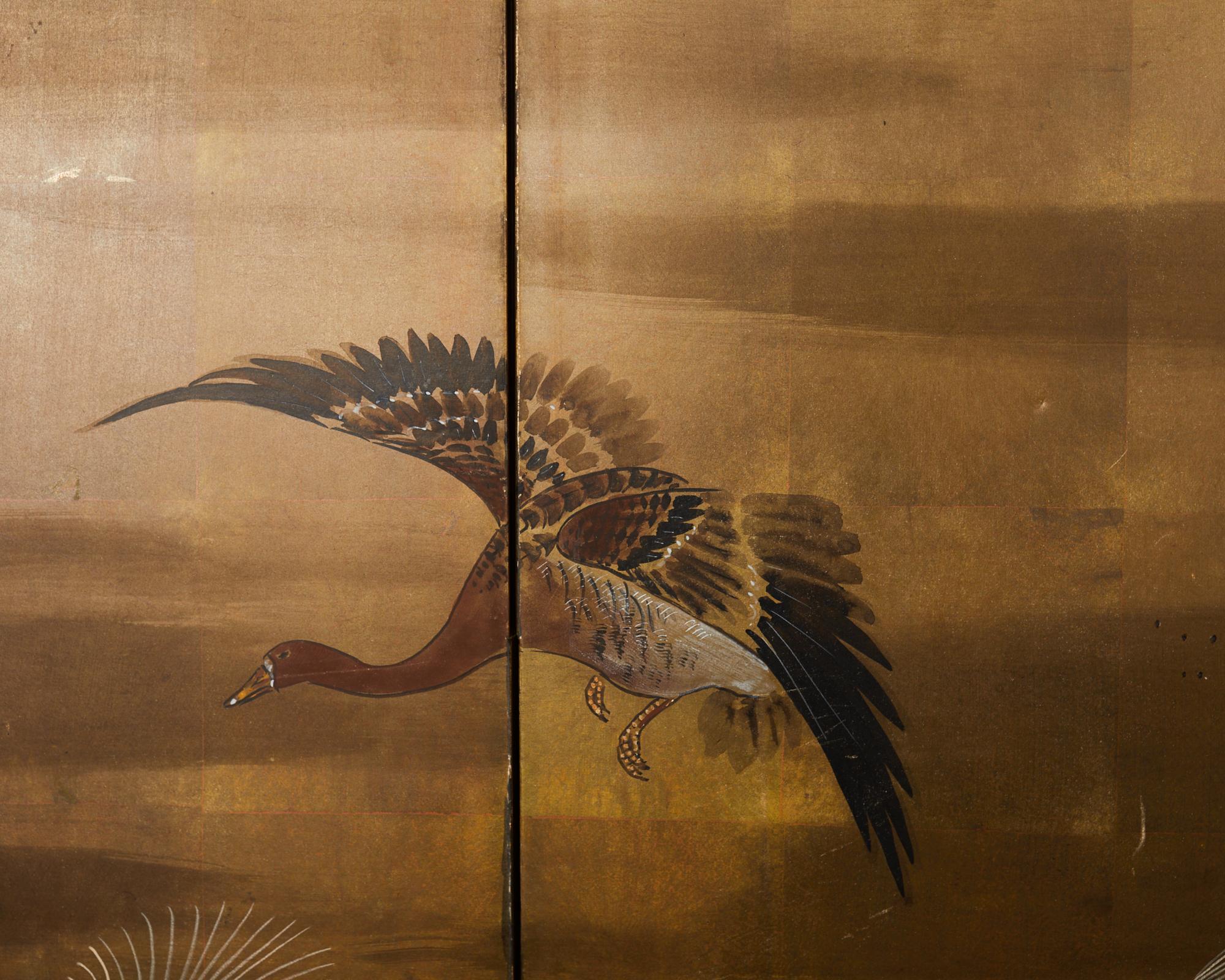 Japanese Showa Four Panel Screen Wild Geese in Flight For Sale 3