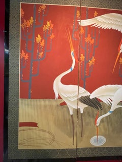 Japanese Shōwa Four-Panel Screen with Flying Cranes, Signed, circa 1950