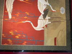 Japanese Shōwa Four-Panel Screen with Flying Cranes, Signed, circa 1950