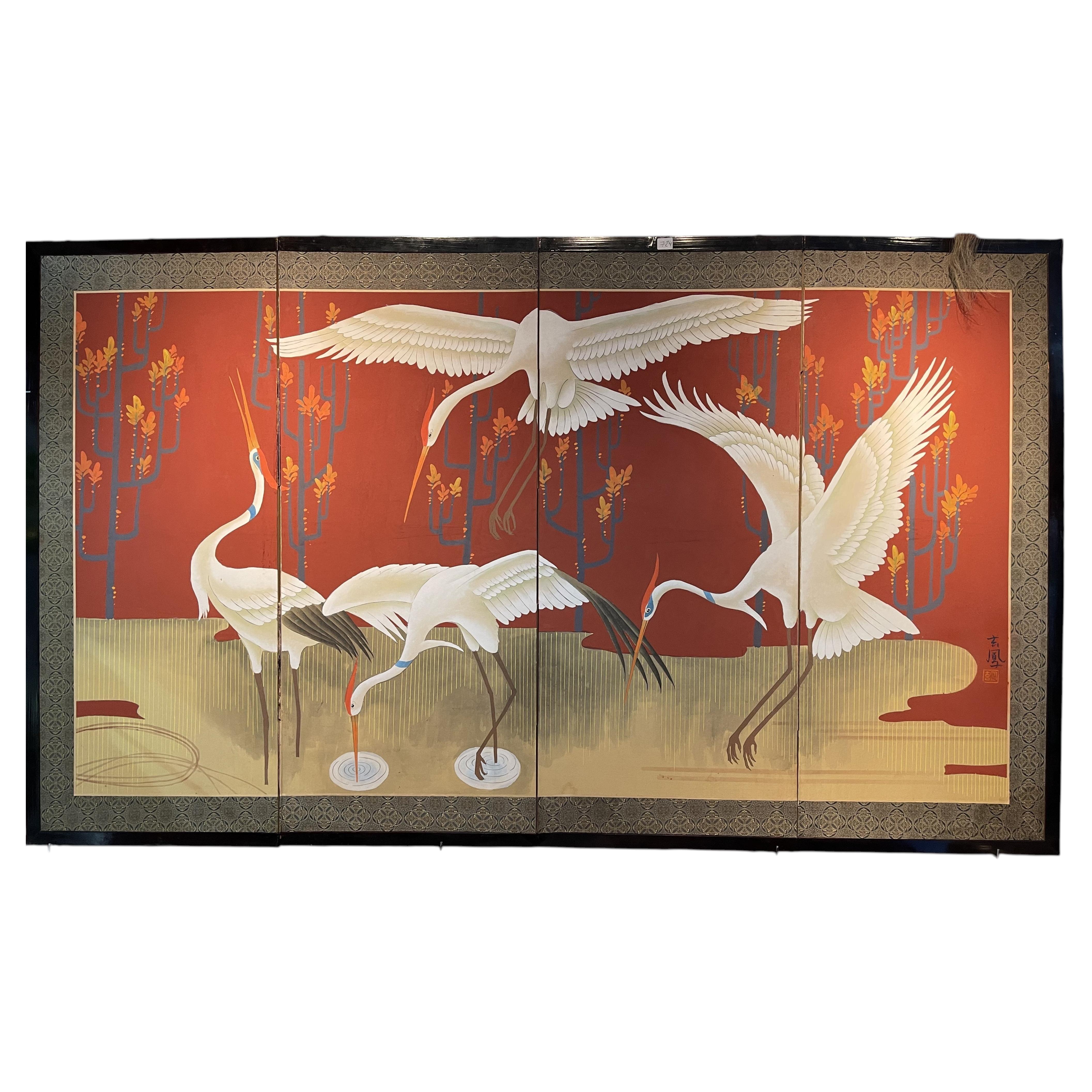Japanischer Shōwa-Paravent mit vier Paneelen und fliegenden Kranichen, signiert, CIRCA 1950