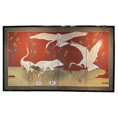 Japanese Shōwa Four-Panel Screen with Flying Cranes, Signed, circa 1950