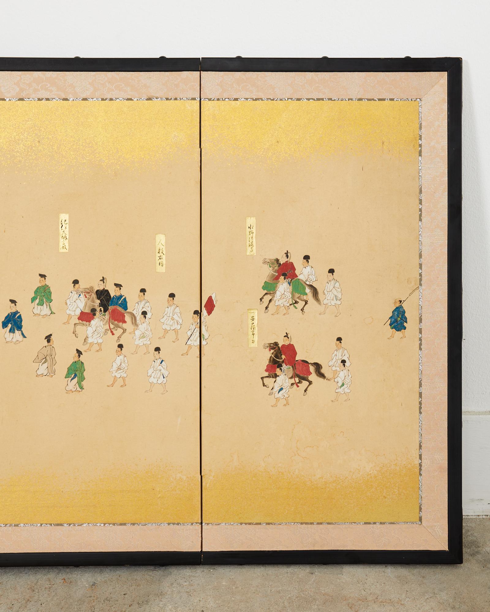 Brass Japanese Showa Four Panel Table Screen Noble Procession For Sale