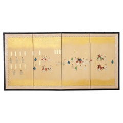 Antique Japanese Showa Four Panel Table Screen Noble Procession