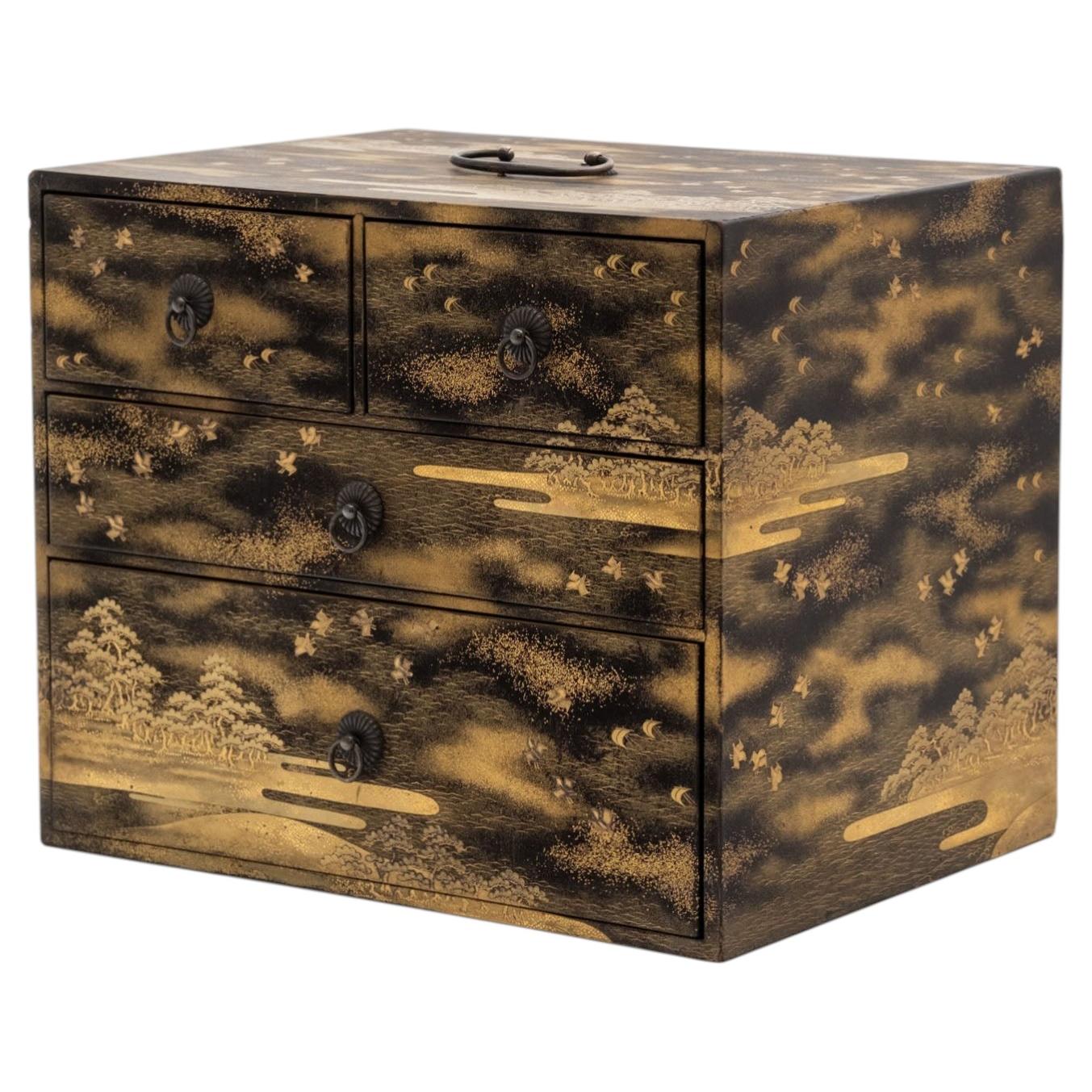 Japanese Shōwa Lacquered Gold Maki‑E Calligraphy Chest