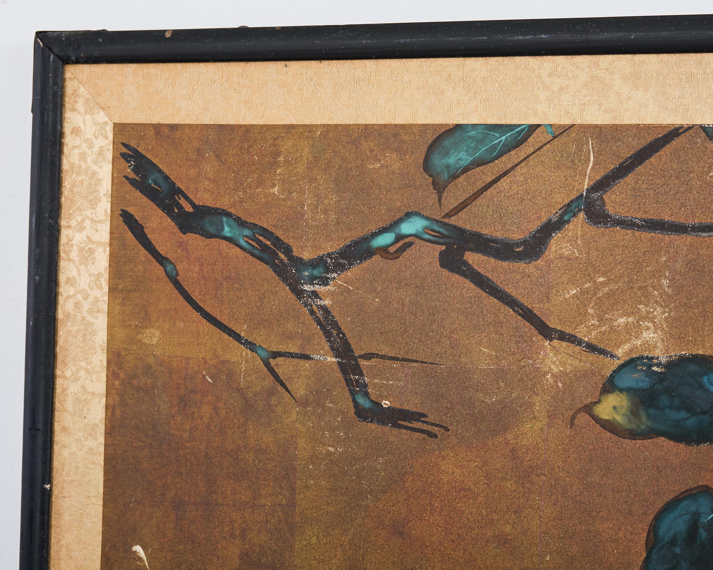 Panneau peint japonais Showa Screen Persimmon Branch en vente 3