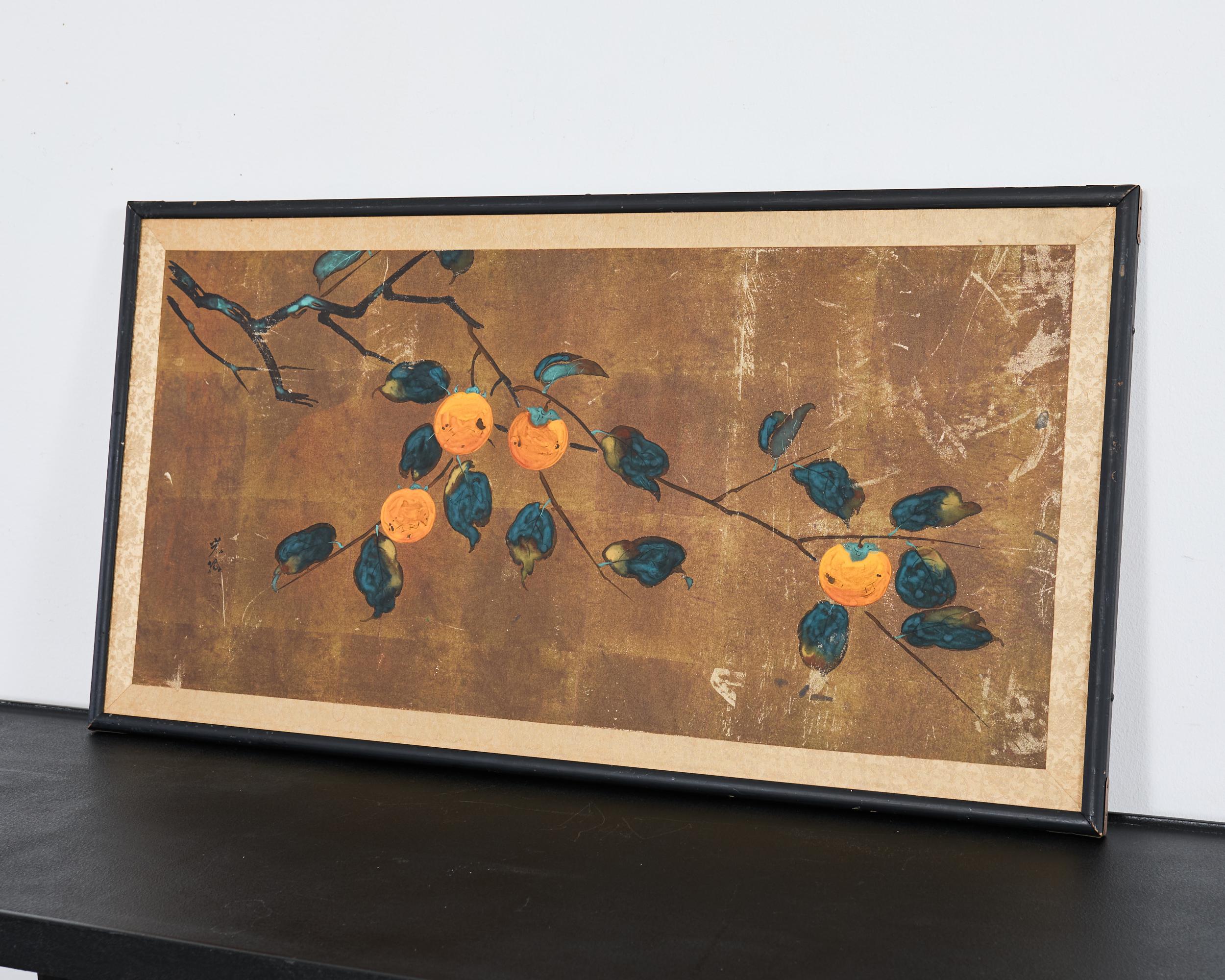 Japonais Panneau peint japonais Showa Screen Persimmon Branch en vente
