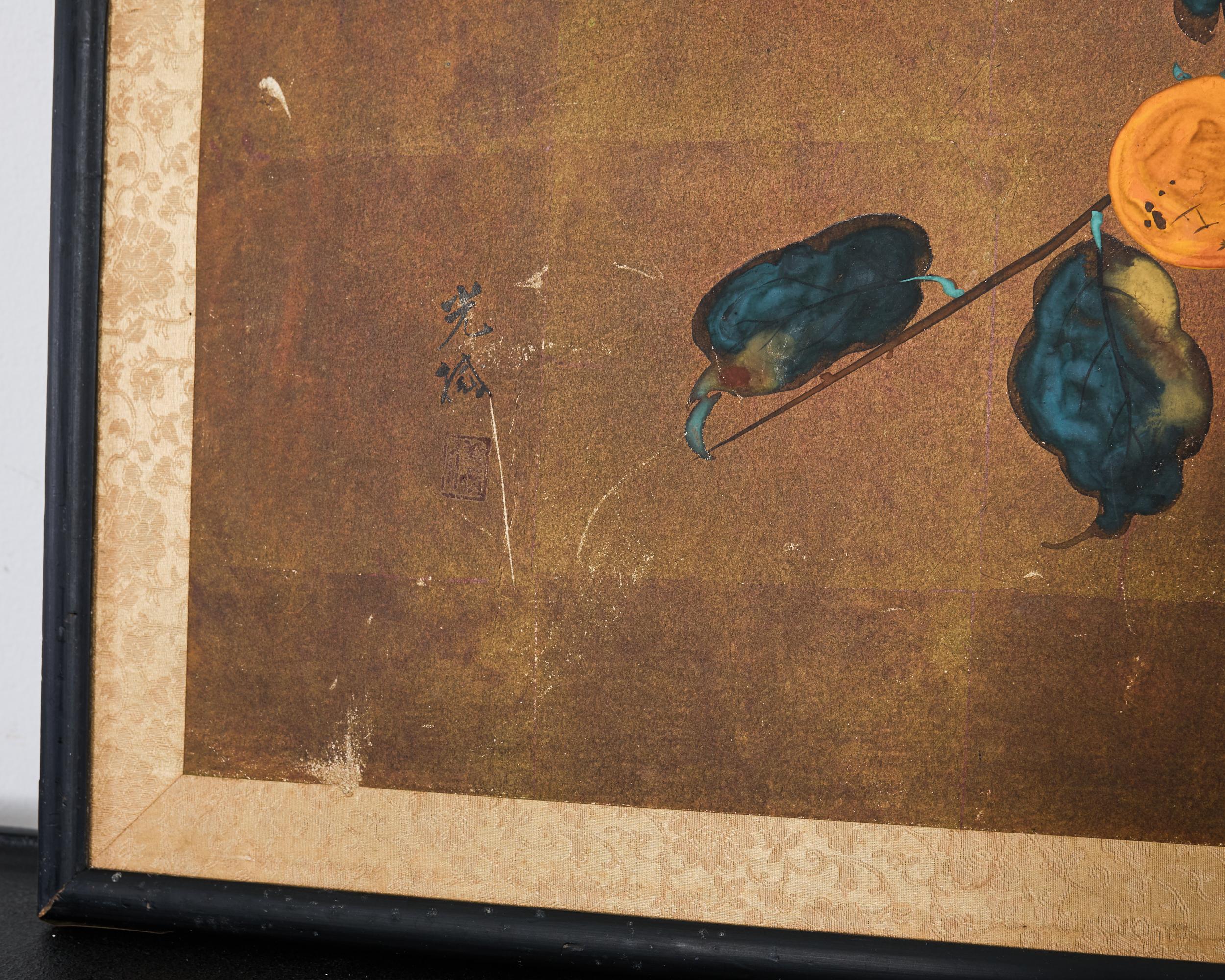 Laiton Panneau peint japonais Showa Screen Persimmon Branch en vente