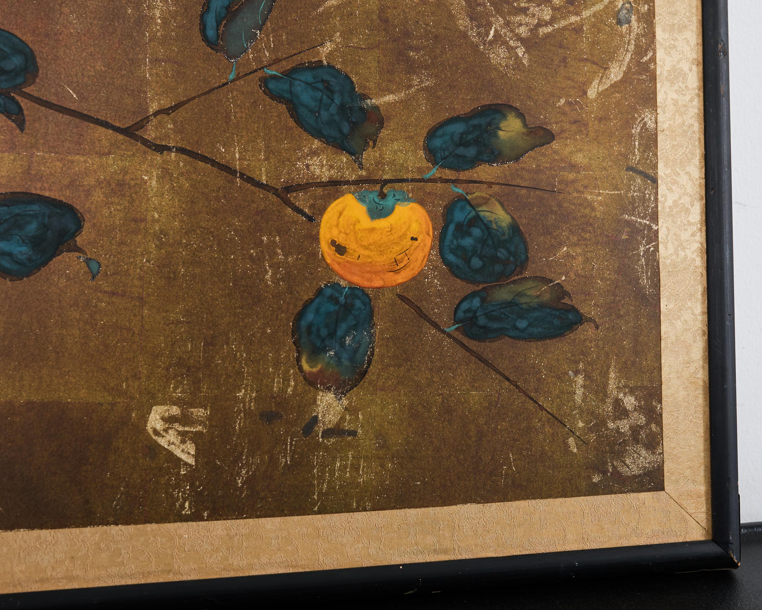 Panneau peint japonais Showa Screen Persimmon Branch en vente 2