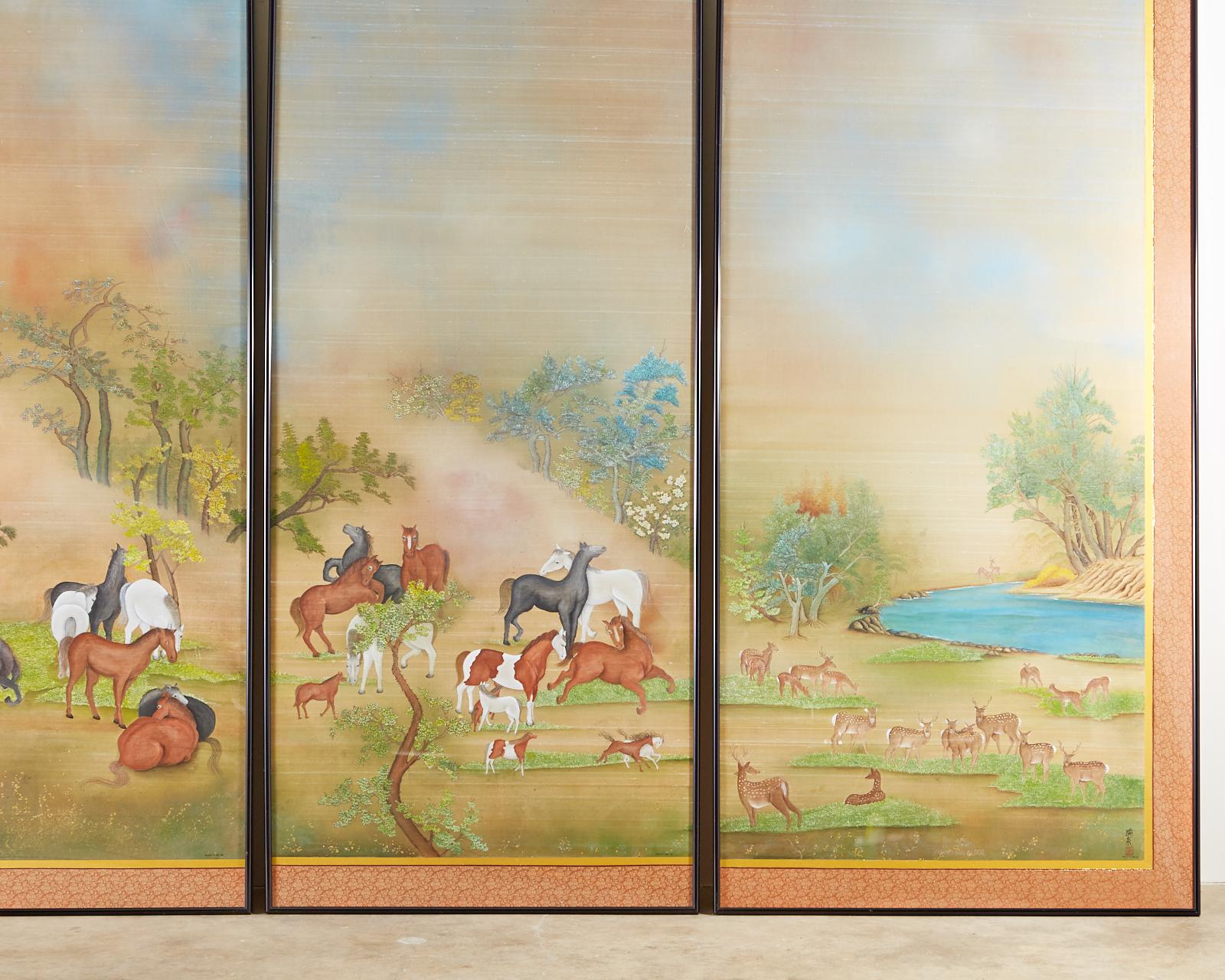 Japanese Showa Painted Panels on Silk Horses & Deer by Carlota T. Ige  For Sale 5