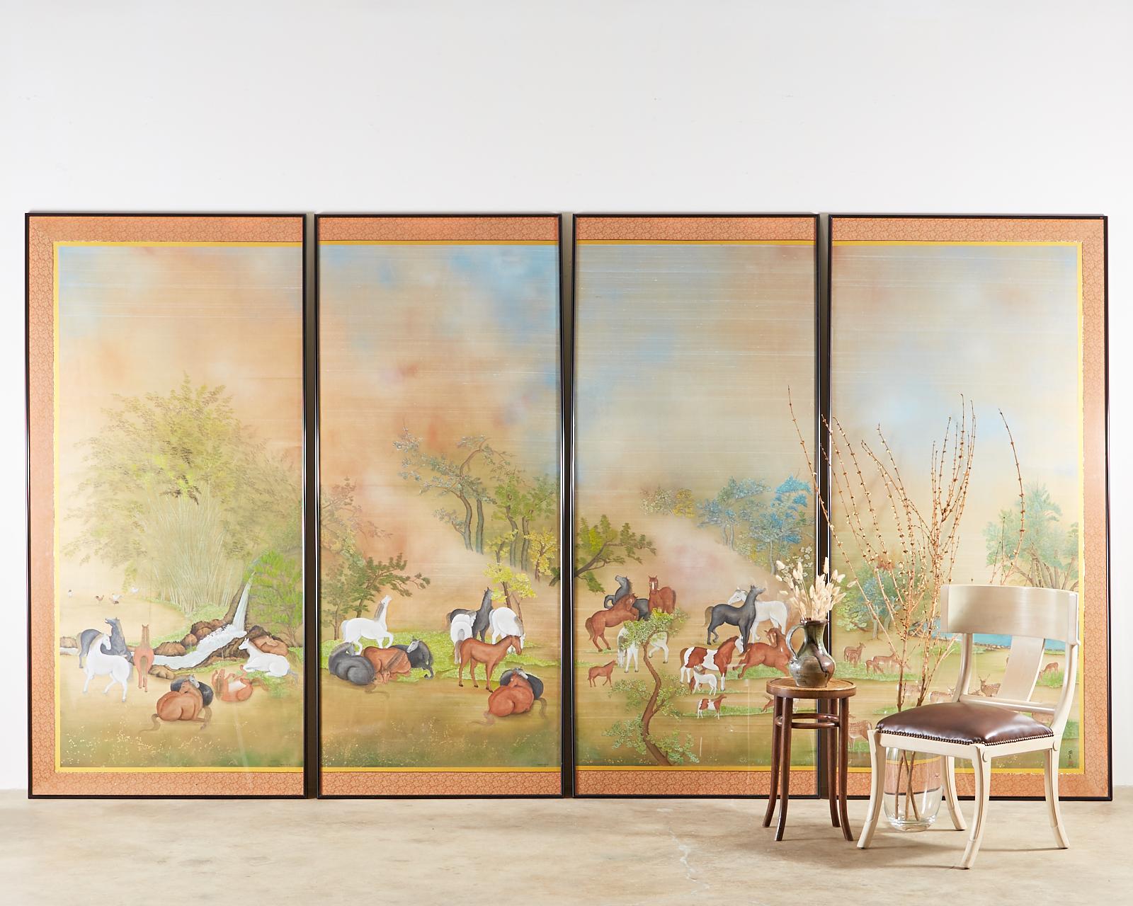 Dreamy Japanese Showa period Nihonga school influence set of four painted panels depicting a lovely serene landscape. Natural ink and color pigments are painted on silk. Highly detailed and intricate designs of horses, deer, and flowing streams set