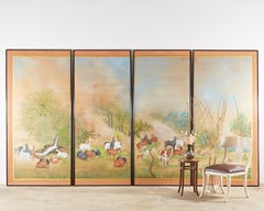 Japanese Showa Painted Panels on Silk Horses & Deer by Carlota T. Ige
