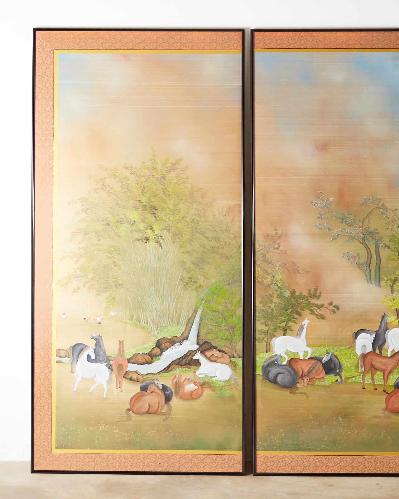 Japanese Showa Painted Panels on Silk Horses & Deer by Carlota T. Ige  In Good Condition For Sale In Rio Vista, CA