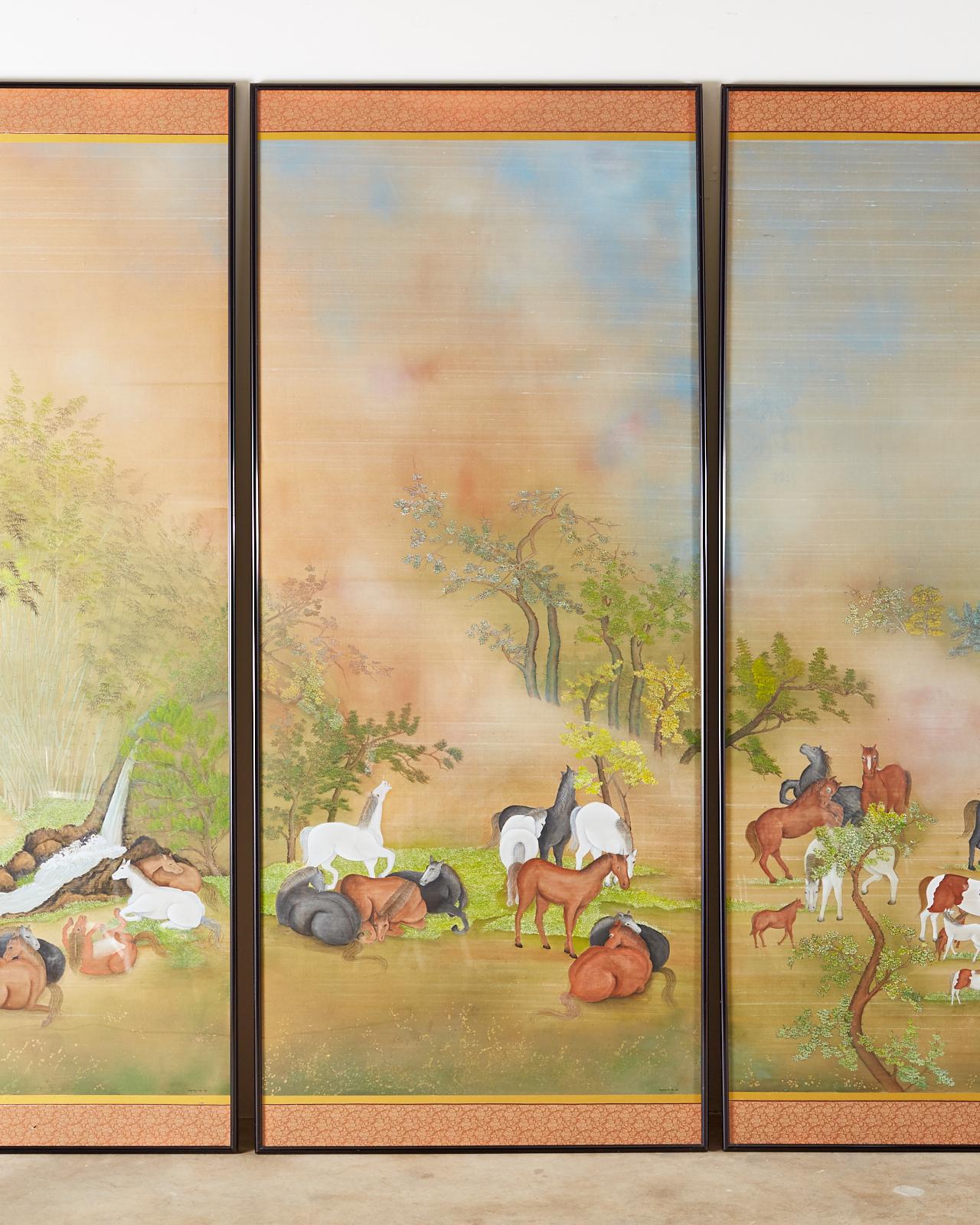 20th Century Japanese Showa Painted Panels on Silk Horses & Deer by Carlota T. Ige  For Sale