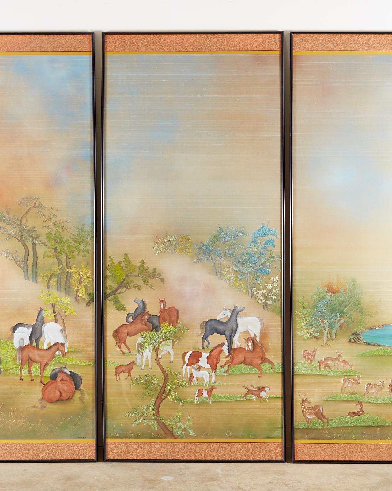 Metal Japanese Showa Painted Panels on Silk Horses & Deer by Carlota T. Ige  For Sale