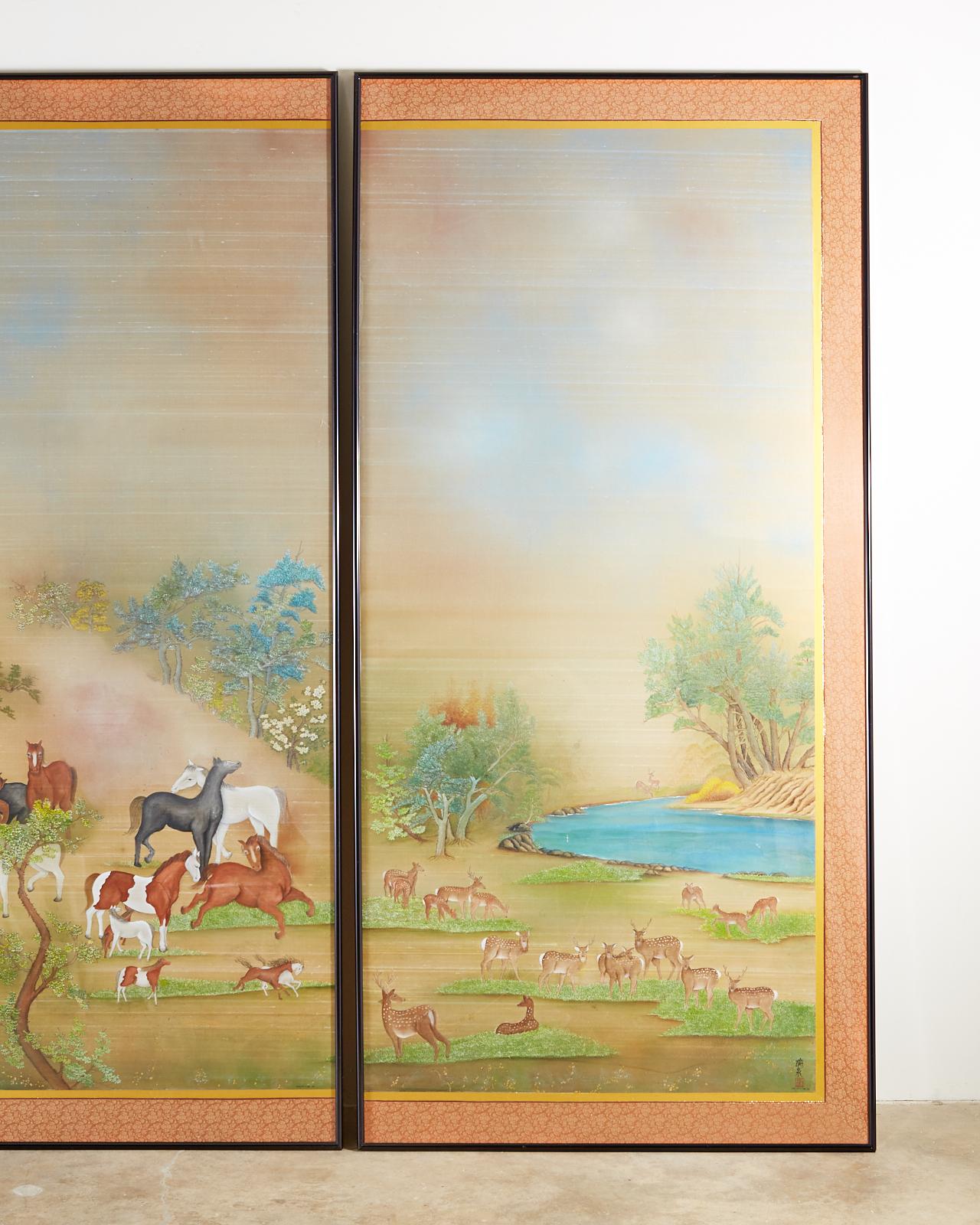 Japanese Showa Painted Panels on Silk Horses & Deer by Carlota T. Ige  For Sale 1