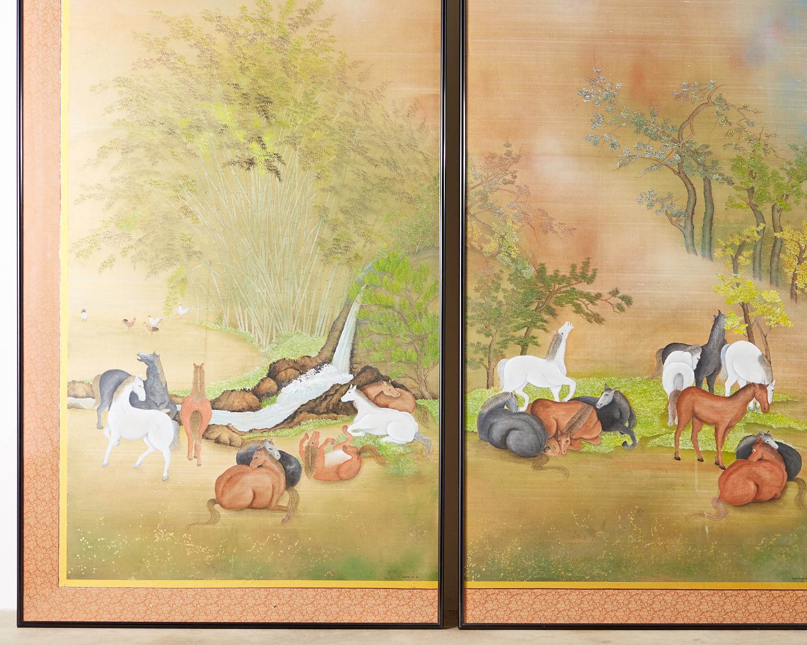Japanese Showa Painted Panels on Silk Horses & Deer by Carlota T. Ige  For Sale 3