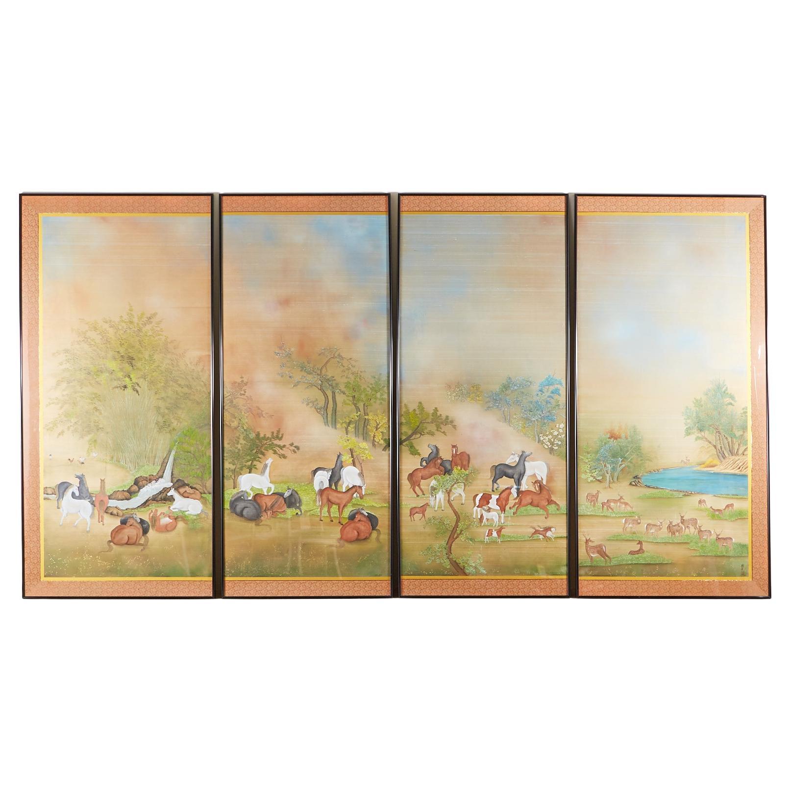Panneaux peints japonais Showa sur chevaux et cerfs en soie par Carlota T. Ige 