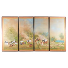 Japanese Showa Painted Panels on Silk Horses & Deer by Carlota T. Ige 