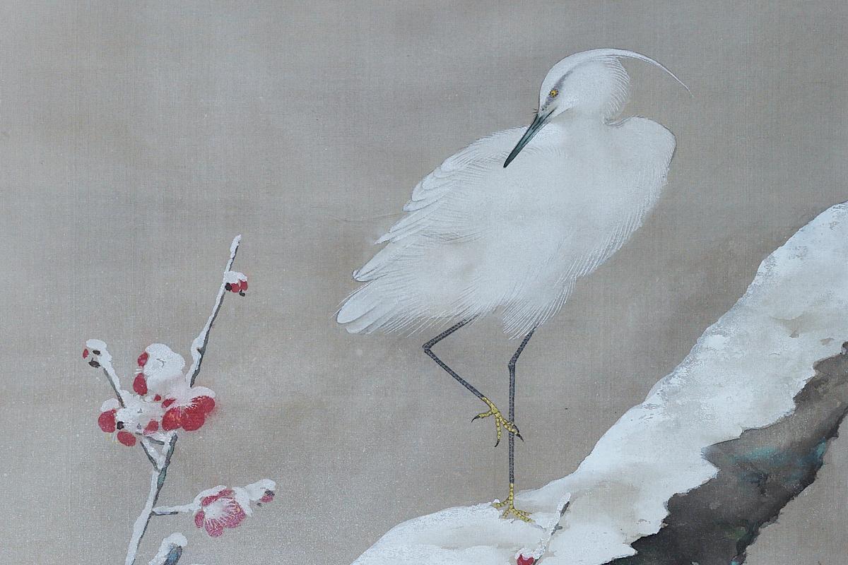 Hand-Painted Japanese Showa Period Egret Painting by Miyata Yodo