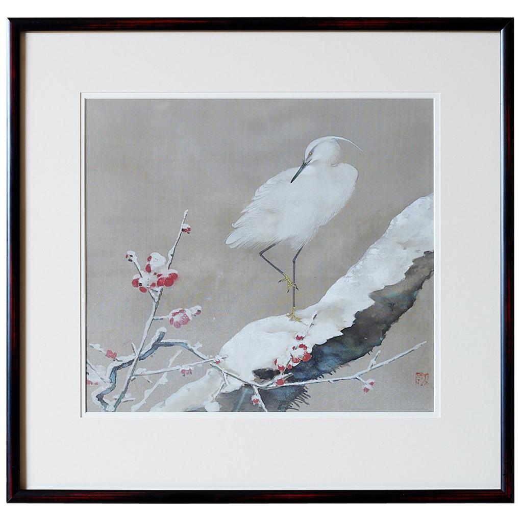 Japanese Showa Period Egret Painting by Miyata Yodo
