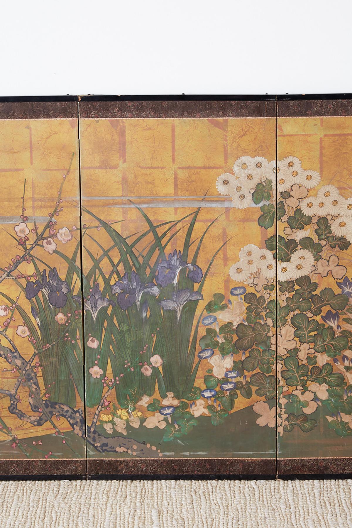 Meiji Japanese Showa Period Floral Foliate Four-Panel Screen