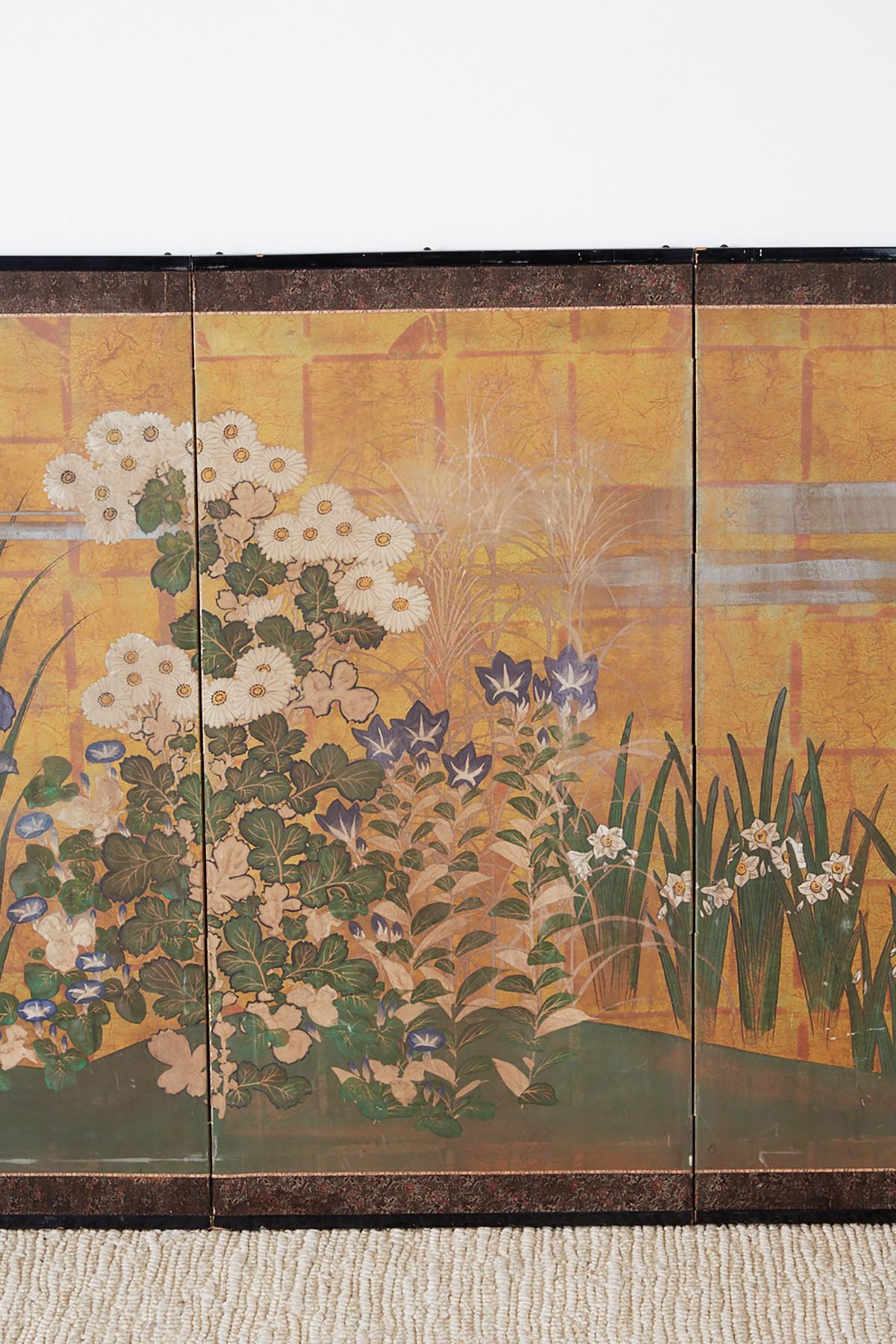 Ebonized Japanese Showa Period Floral Foliate Four-Panel Screen