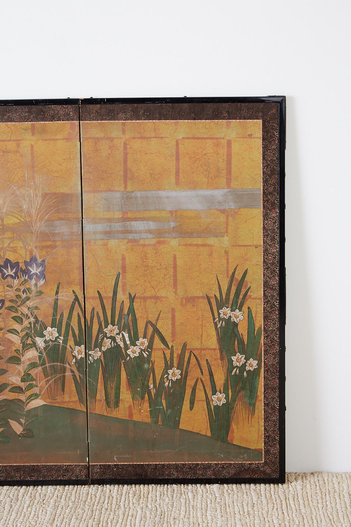 Japanese Showa Period Floral Foliate Four-Panel Screen In Distressed Condition In Rio Vista, CA