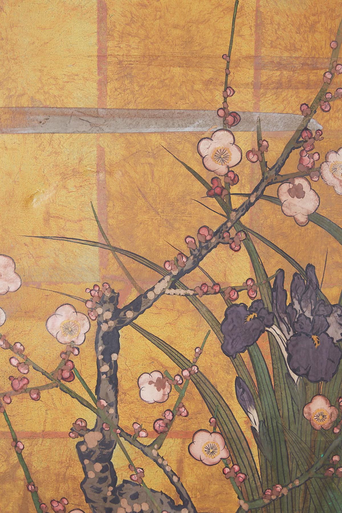 Wood Japanese Showa Period Floral Foliate Four-Panel Screen